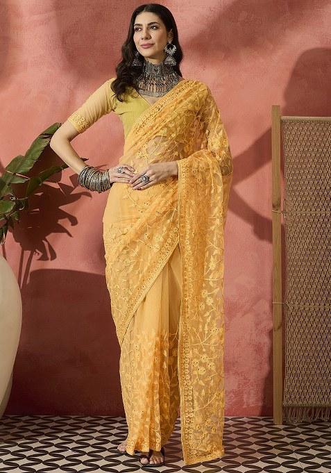 Yellow Embroidered Net Saree Set