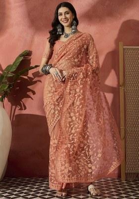 Peach Embroidered Net Saree Set