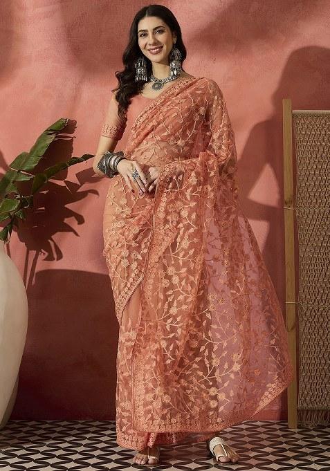 Peach Embroidered Net Saree Set