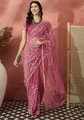 Pink Embroidered Net Saree Set