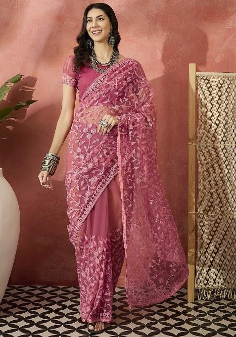 Pink Embroidered Net Saree Set