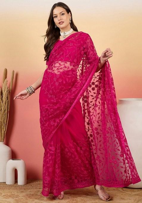 Rani Embroidered Net Saree Set