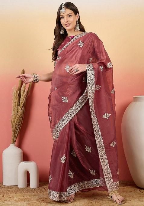 Pink Embroidered Blended Saree Set