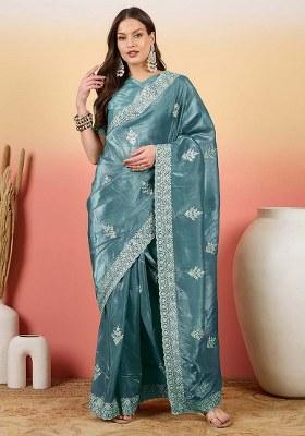 Petrol Blue Embroidered Blended Saree Set