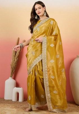 Mustard Embroidered Blended Saree Set