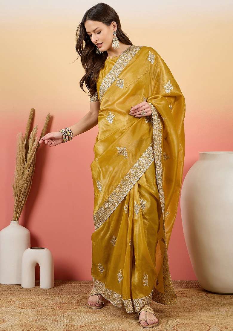 Mustard Embroidered Blended Saree Set for Diwali and Festive Wear - Indya