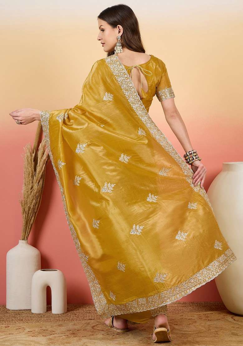 Mustard Embroidered Blended Saree Set for Diwali and Festive Wear - Indya