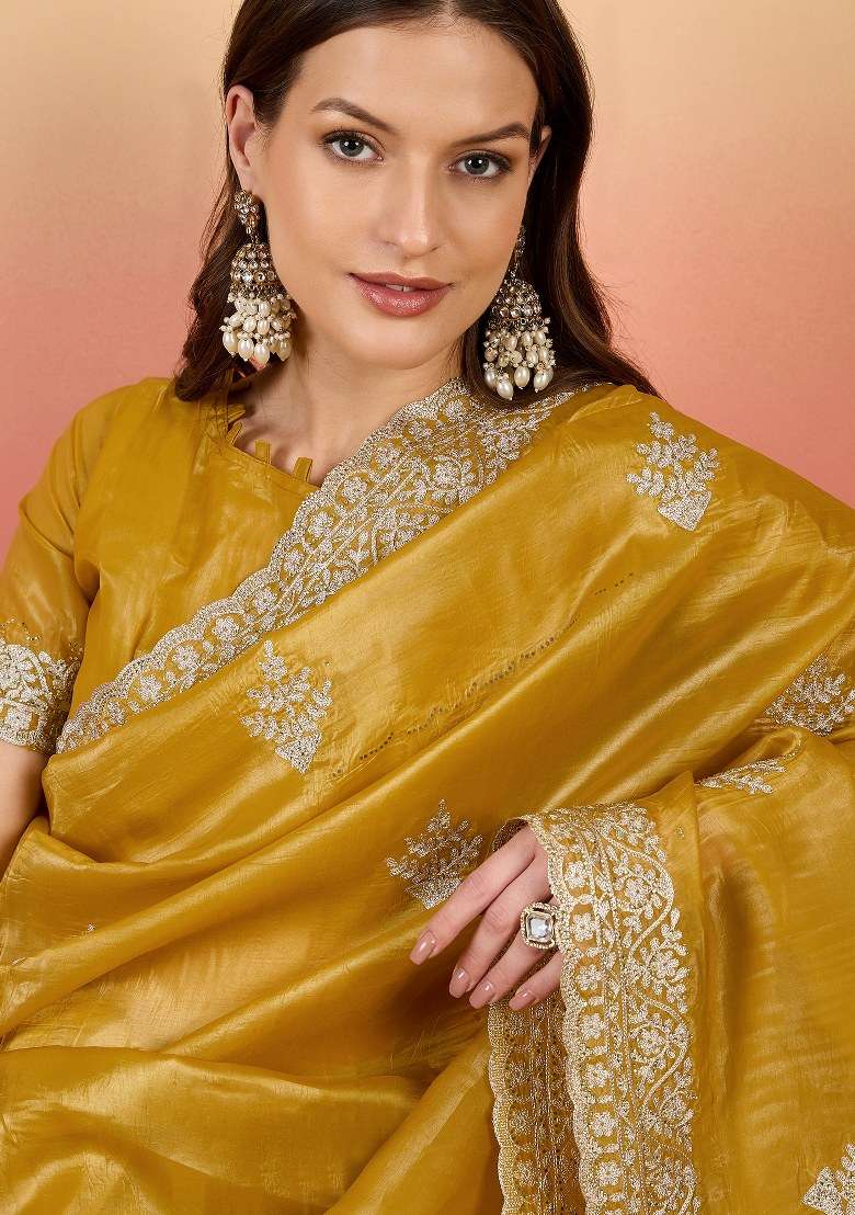 Mustard Embroidered Blended Saree Set for Diwali and Festive Wear - Indya