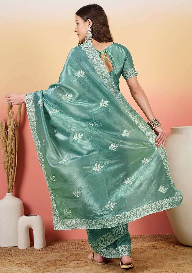Teal Blended Saree Set with Embroidered for Diwali | Wedding & Festive Wear - Indya