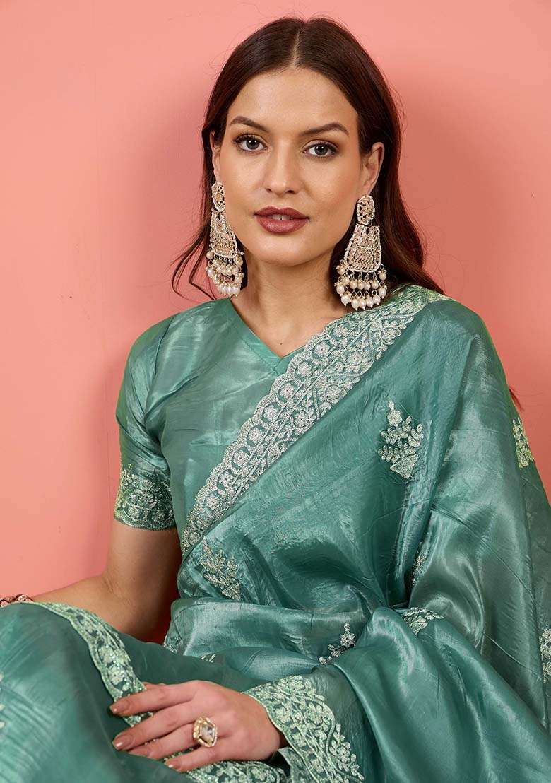 Teal Blended Saree Set with Embroidered for Diwali | Wedding & Festive Wear - Indya