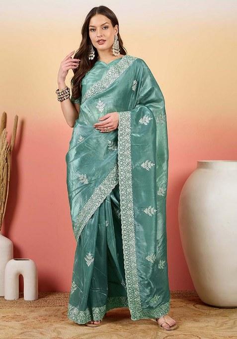 Teal Embroidered Blended Saree Set