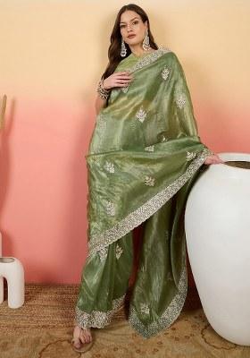 Sea Green Embroidered Blended Saree Set