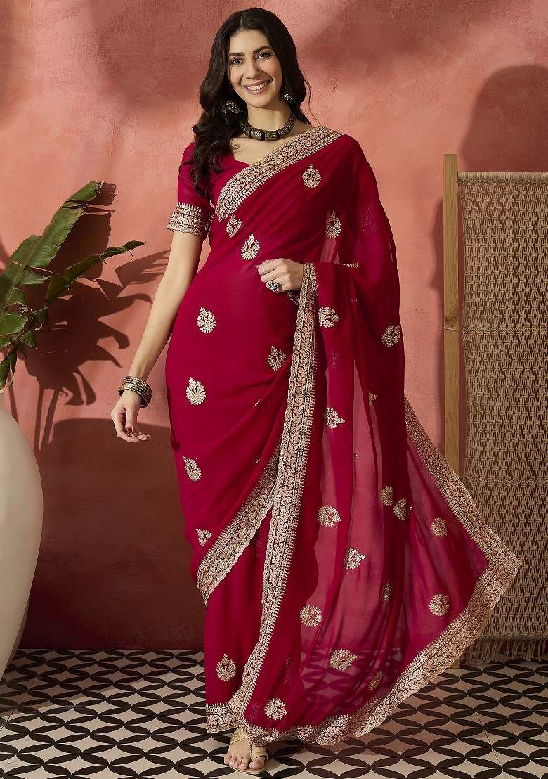Red Embroidered Georgette Saree Set for Diwali and Festive Wear - Indya