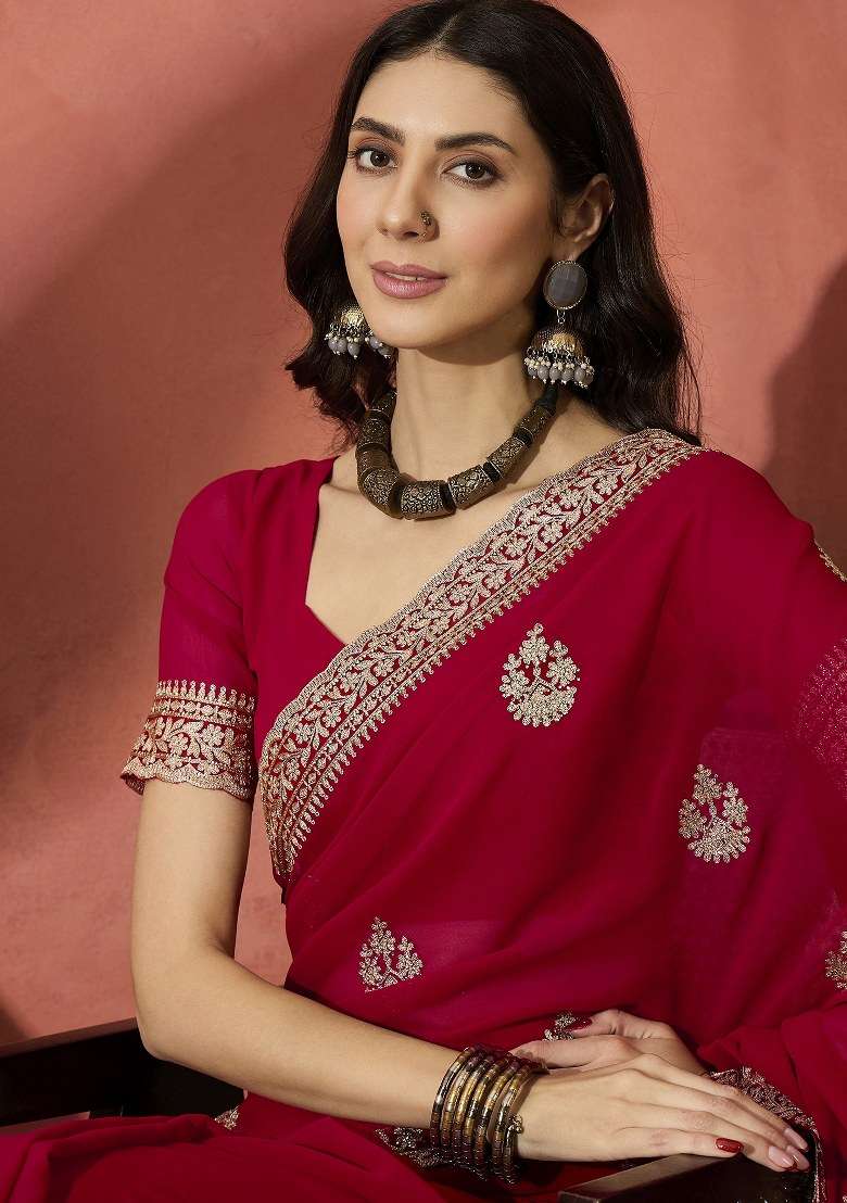 Red Embroidered Georgette Saree Set for Diwali and Festive Wear - Indya