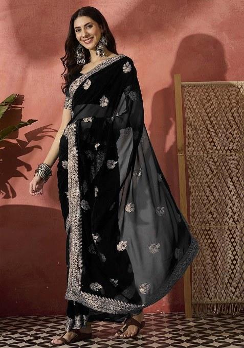 Black Embroidered Georgette Saree Set