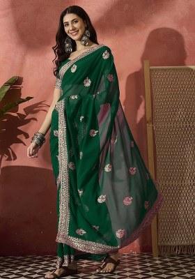Bottle Green Embroidered Georgette Saree Set