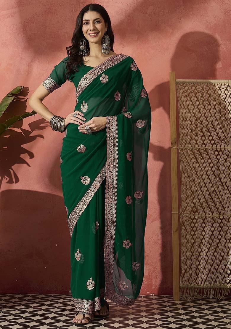 Bottle Green Embroidered Georgette Saree Set - Indya
