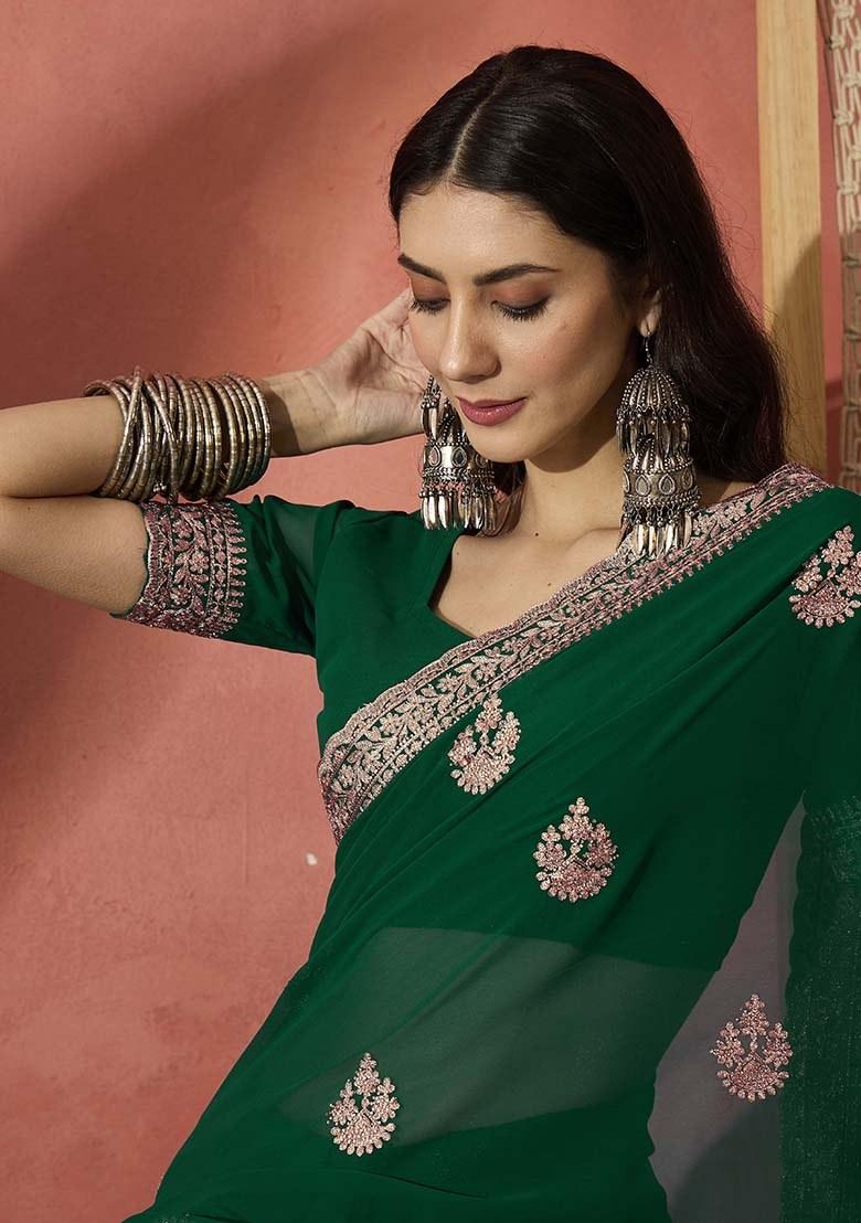 Bottle Green Embroidered Georgette Saree Set - Indya