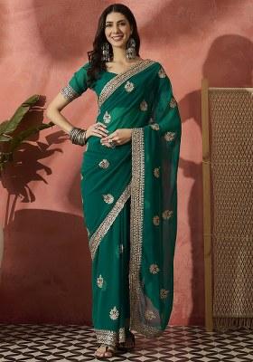 Teal Embroidered Georgette Saree Set