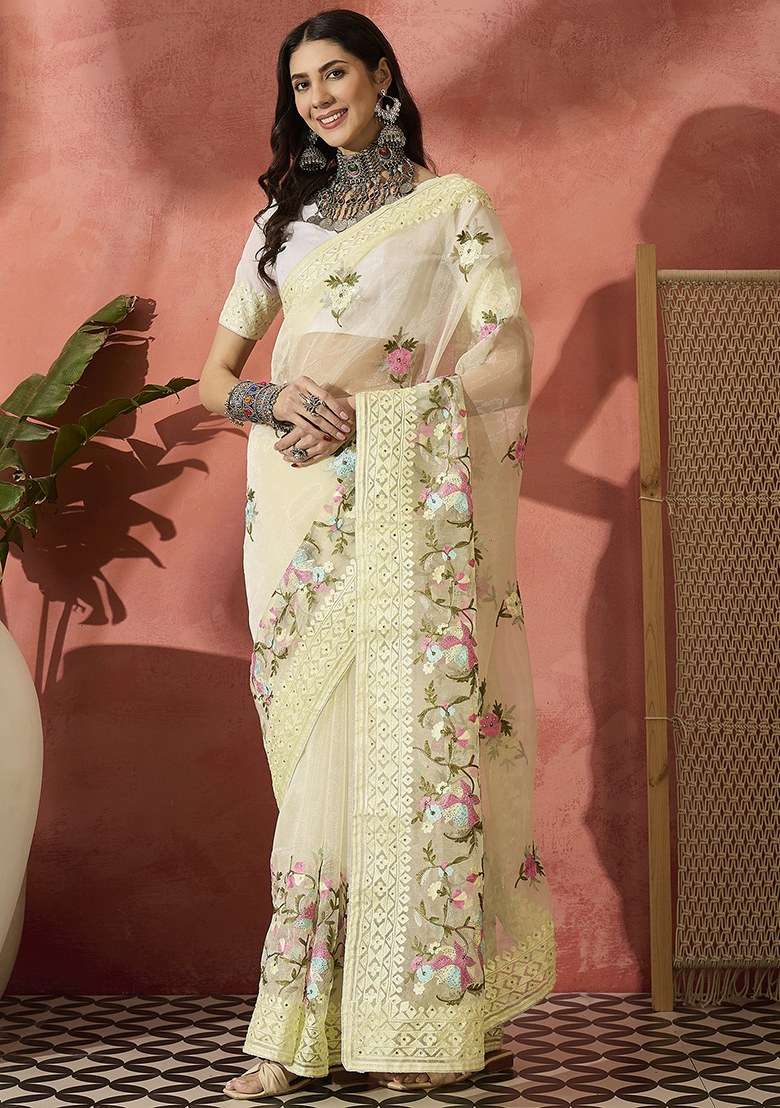 Yellow Embroidered Oragnza Saree Set for Diwali and Festive Wear - Indya