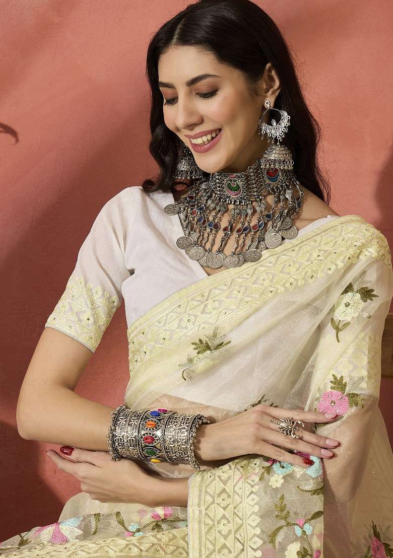Yellow Embroidered Oragnza Saree Set for Diwali and Festive Wear - Indya