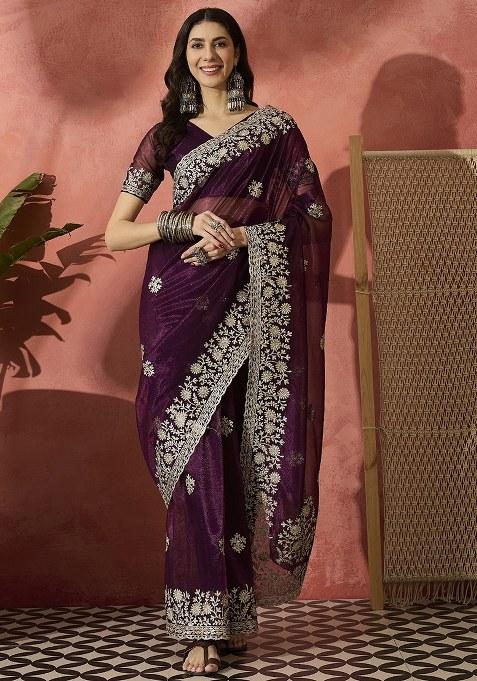 Magenta Embroidered Twil Net Saree Set