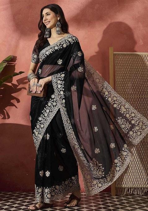Black Embroidered Twil Net Saree Set