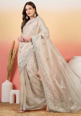 Silver Embroidered Twil Net Saree Set