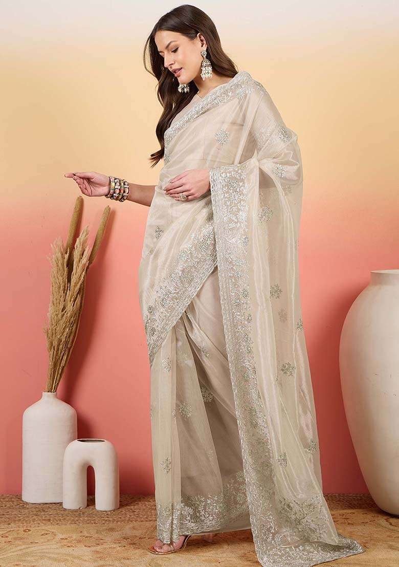 Silver Twil Net Saree Set with Embroidered for Diwali | Wedding & Festive Wear - Indya