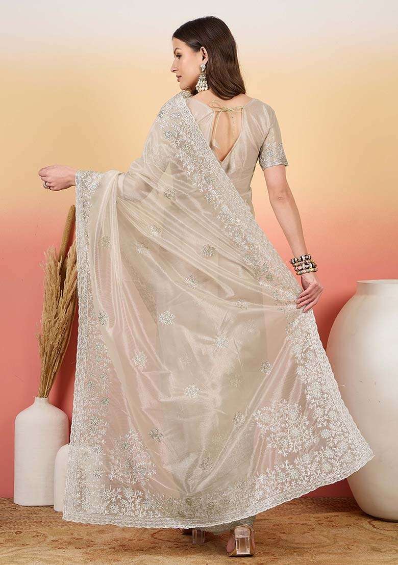 Silver Twil Net Saree Set with Embroidered for Diwali | Wedding & Festive Wear - Indya