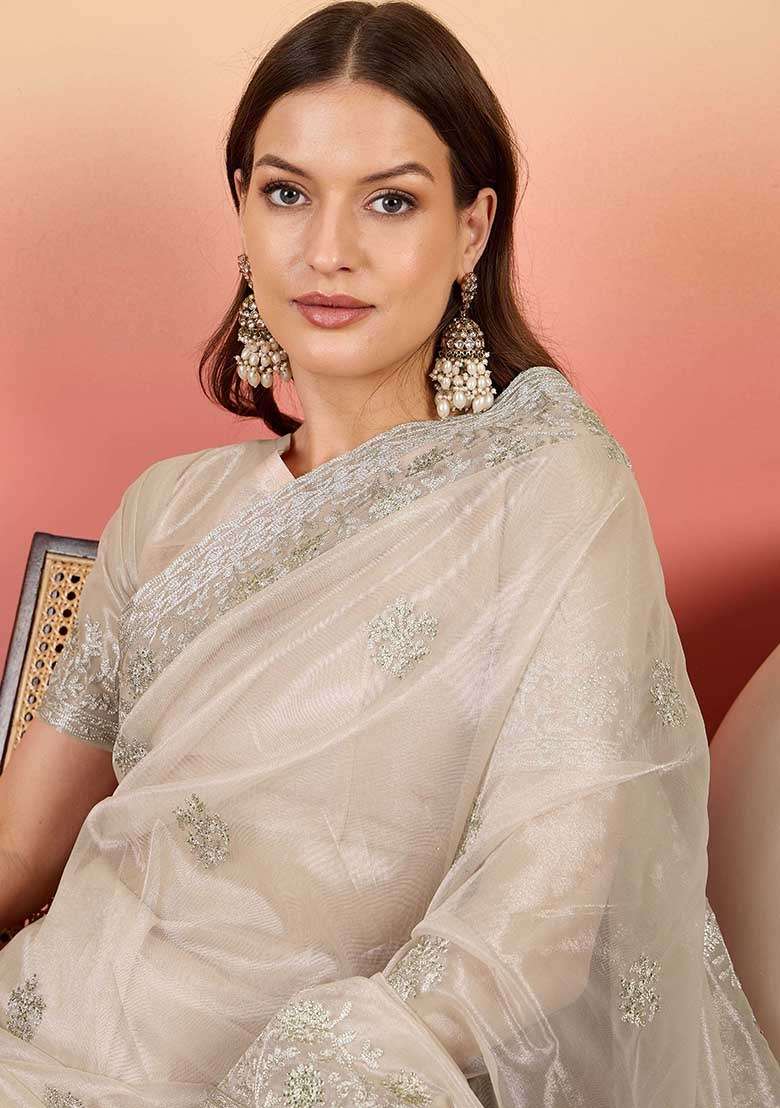Silver Twil Net Saree Set with Embroidered for Diwali | Wedding & Festive Wear - Indya