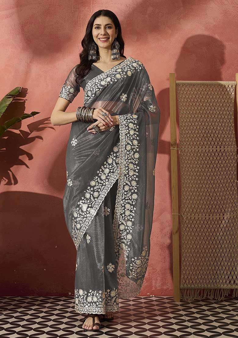Grey Embroidered Twil Net Saree Set for Diwali and Festive Wear - Indya