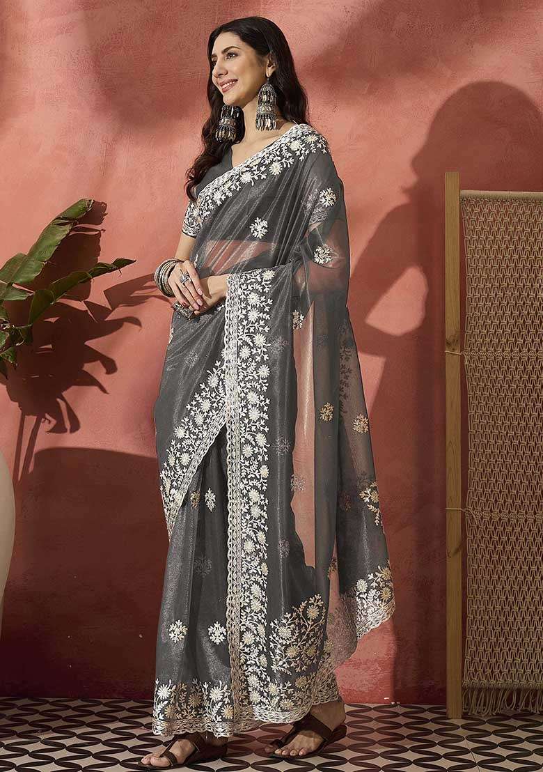 Grey Embroidered Twil Net Saree Set for Diwali and Festive Wear - Indya