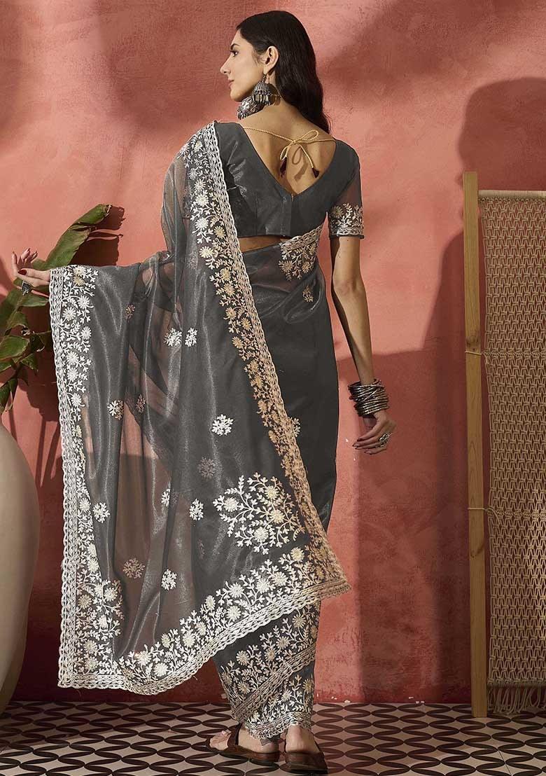Grey Embroidered Twil Net Saree Set - Indya