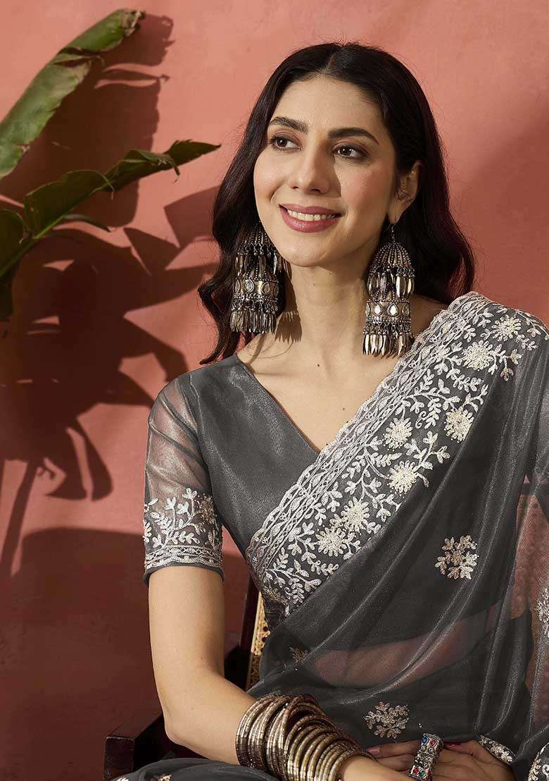 Grey Embroidered Twil Net Saree Set for Diwali and Festive Wear - Indya