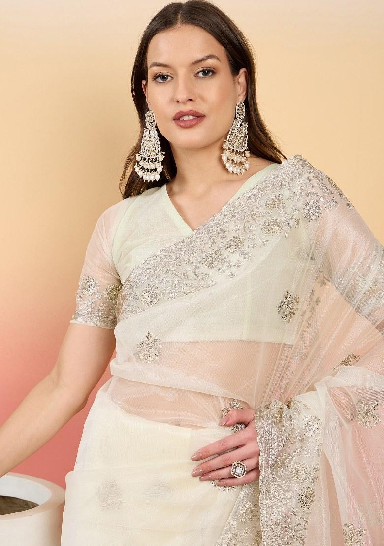 Off White Embroidered Twil Net Saree Set - Indya