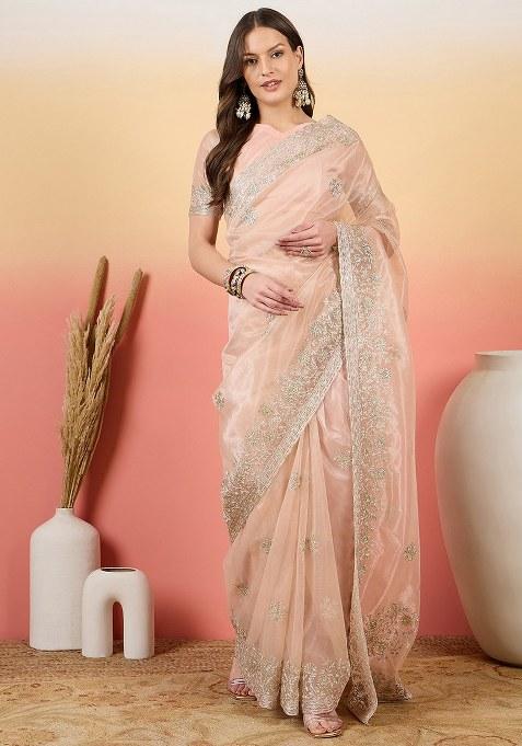 Peach Embroidered Twil Net Saree Set