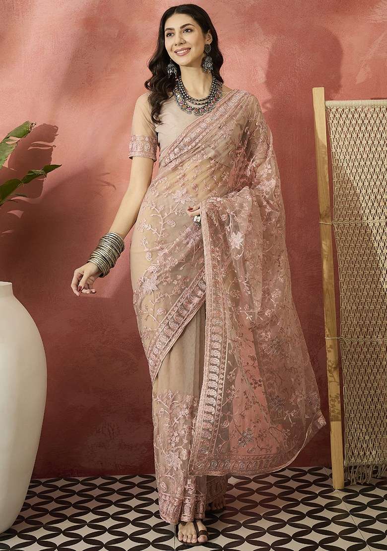 Dusty Pink Embroidered Net Saree Set for Diwali and Festive Wear - Indya