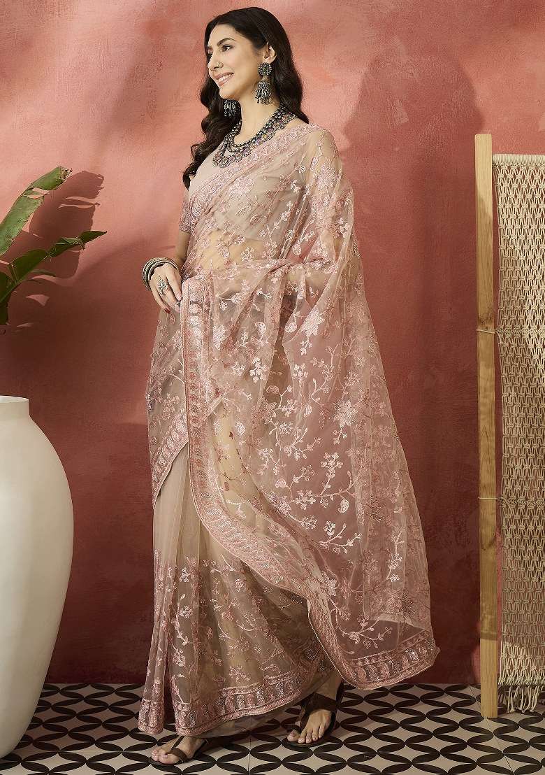 Dusty Pink Embroidered Net Saree Set for Diwali and Festive Wear - Indya