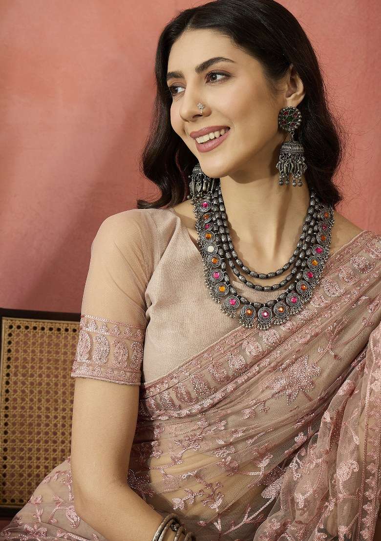 Dusty Pink Embroidered Net Saree Set for Diwali and Festive Wear - Indya
