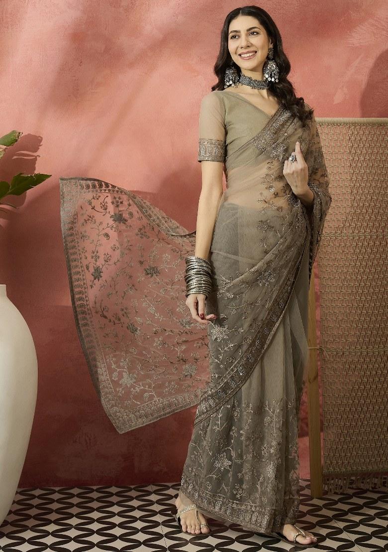 Beige Embroidered Net Saree Set - Indya