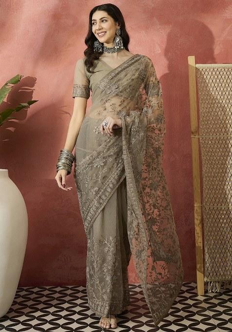 Beige Embroidered Net Saree Set