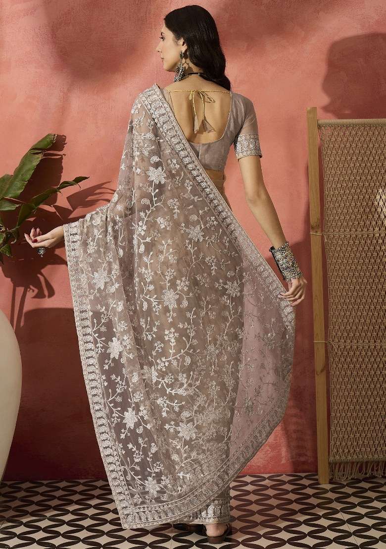 Mouse Grey Embroidered Net Saree Set for Diwali and Festive Wear - Indya