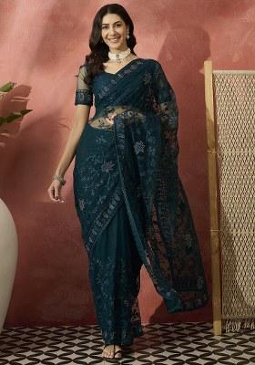 Teal Embroidered Net Saree Set