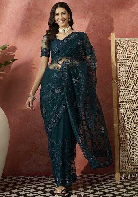Teal Embroidered Net Saree Set