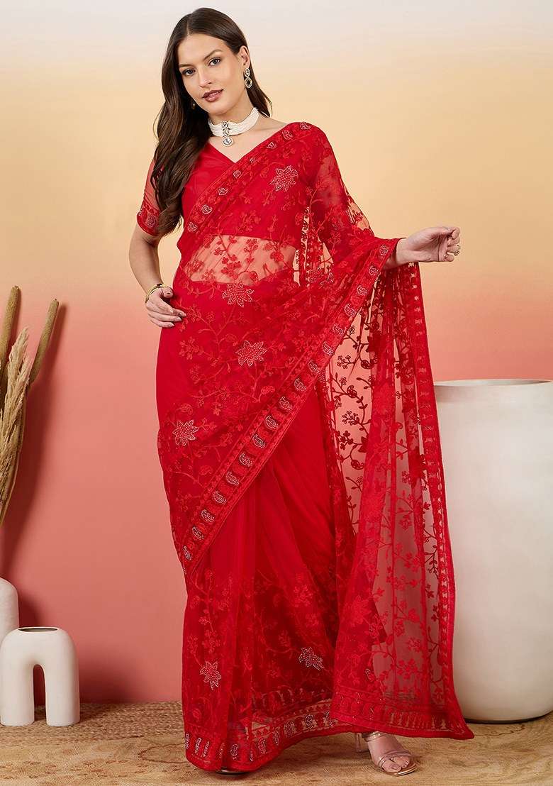 Red Embroidered Net Saree Set for Diwali and Festive Wear - Indya
