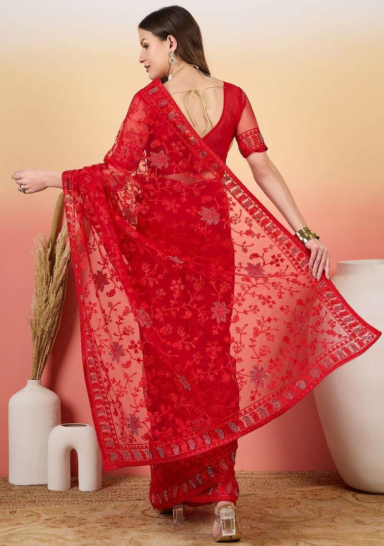 Red Embroidered Net Saree Set for Diwali and Festive Wear - Indya