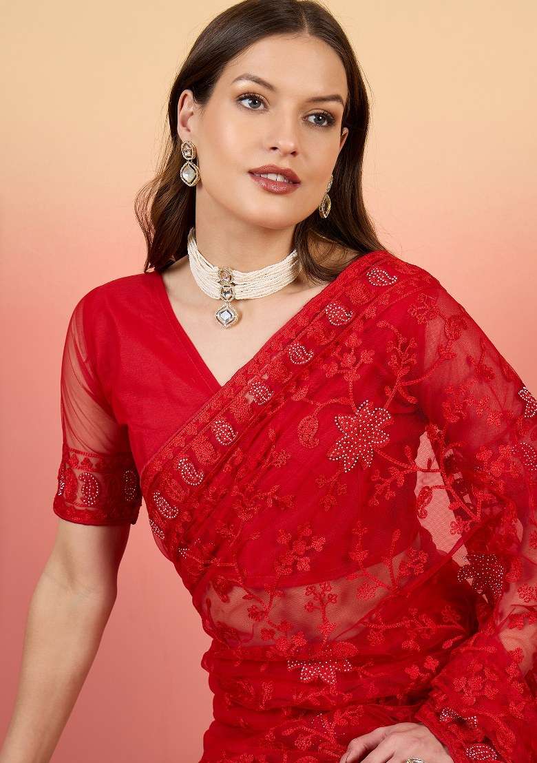 Red Embroidered Net Saree Set for Diwali and Festive Wear - Indya
