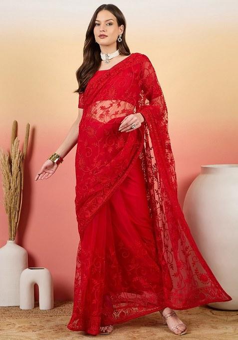 Red Embroidered Net Saree Set
