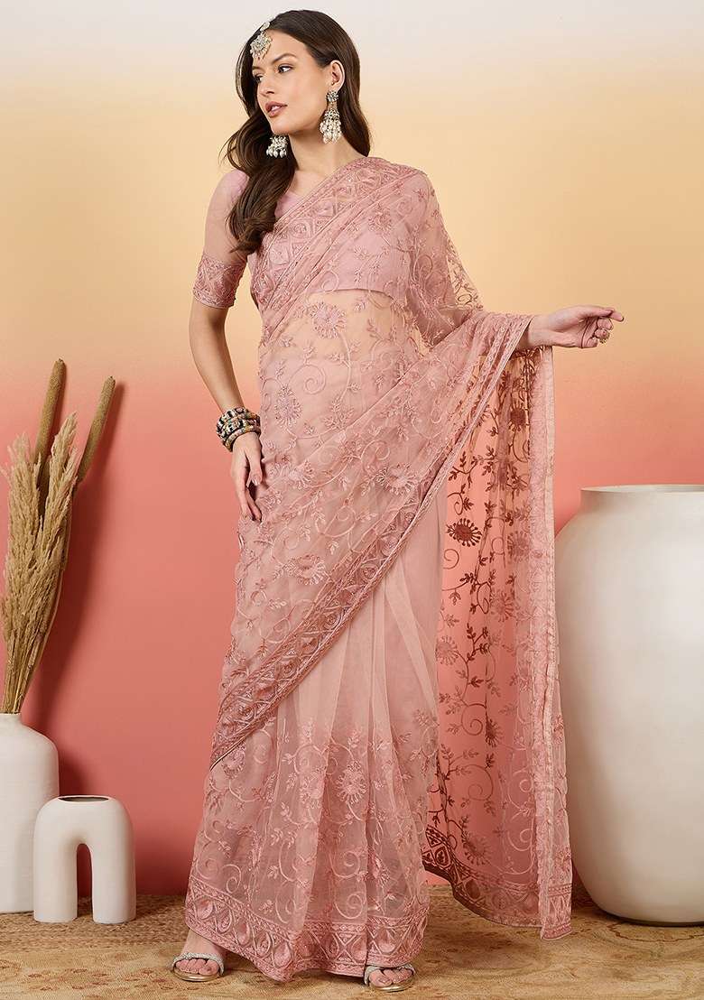 Dusty Pink Net Saree Set with Embroidered for Diwali | Wedding & Festive Wear - Indya
